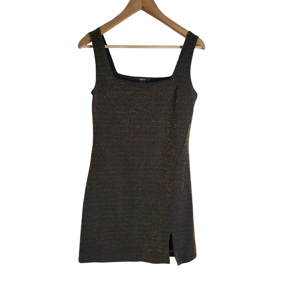 Forever 21 Black Gold Metallic Shimmer Square Neck Mini Dress Sz M Retro Party